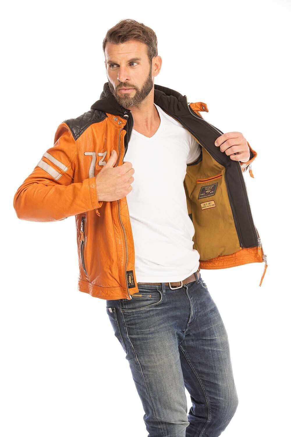 blouson cuir homme orange 102555 style motard a capuche (10)