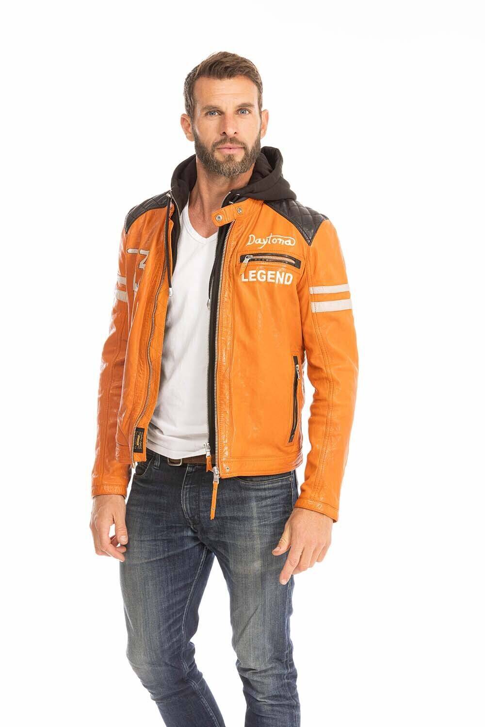 blouson cuir homme orange 102555 style motard a capuche (2)