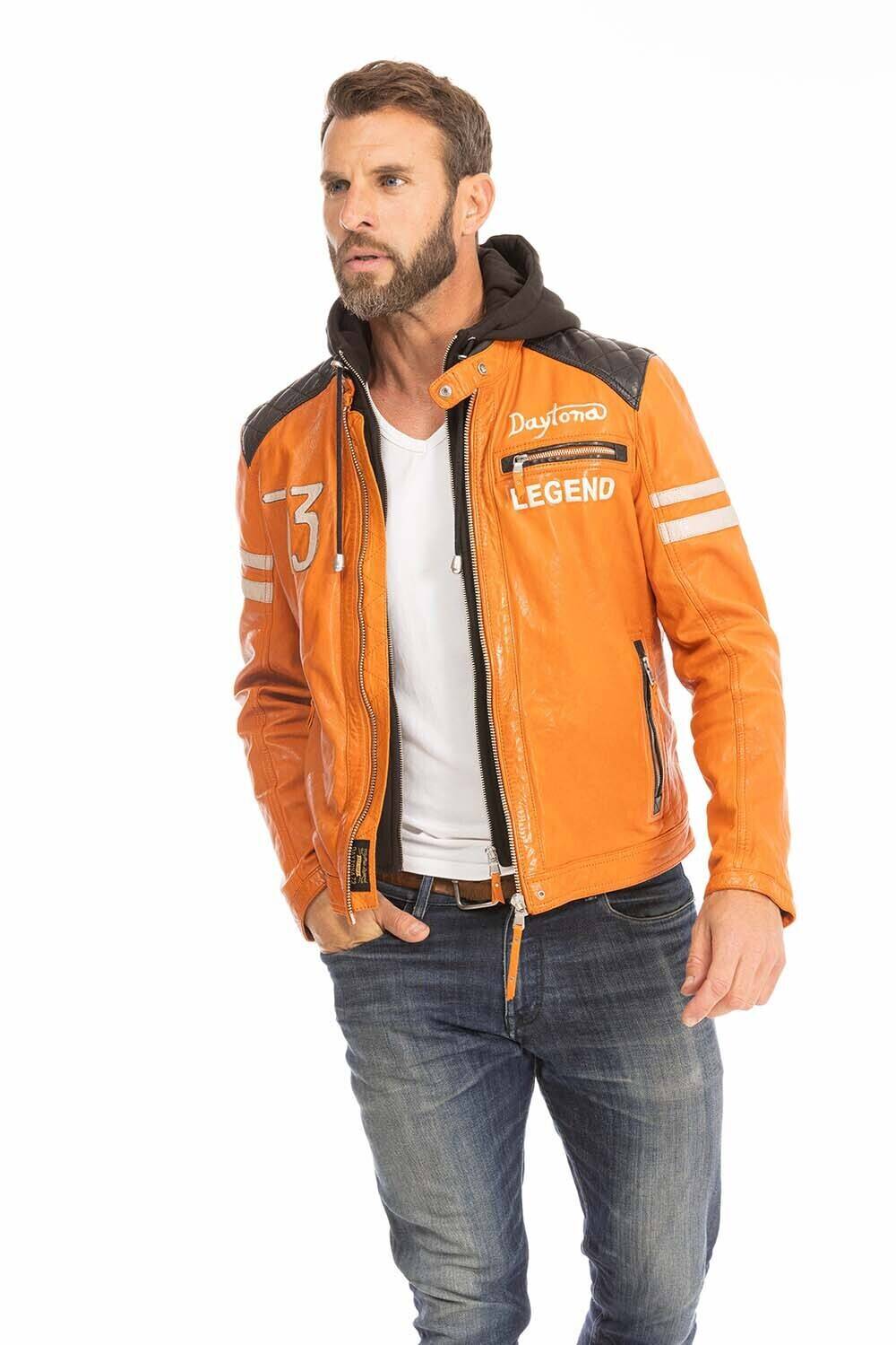 blouson cuir homme orange 102555 style motard a capuche (6)