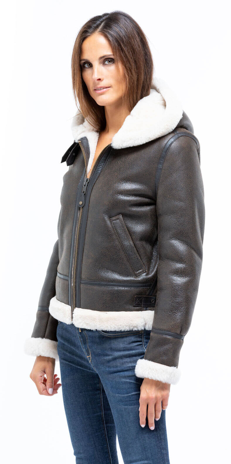 blouson bombardier mouton marron 1257h chaud hiver à capuche mannequin (6)