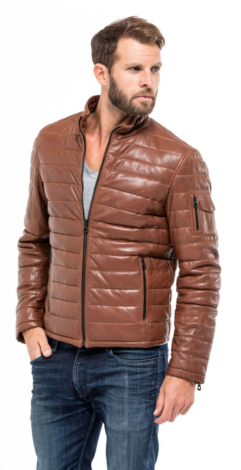 Blouson cuir homme agneau cognac 100973 doudoune mannequin (7)