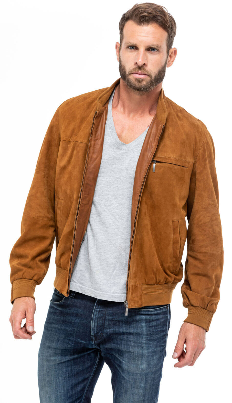 blouson cuir homme aspect daim velours jupp cognac mannequin (2)