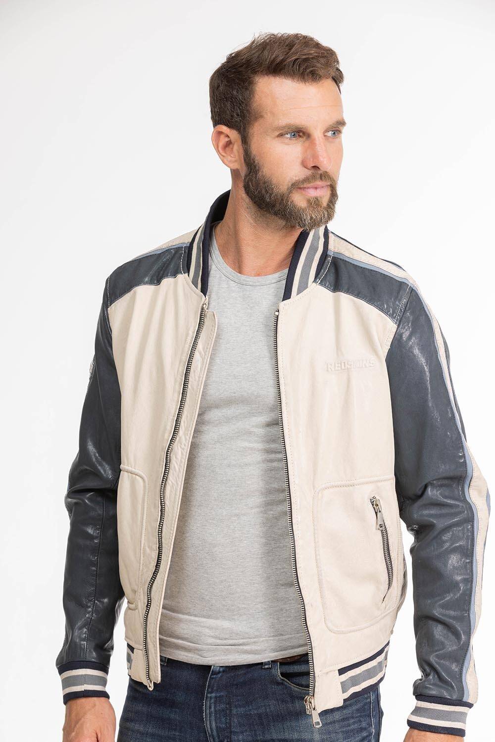 blouson cuir homme bombers fray beige navy (1)