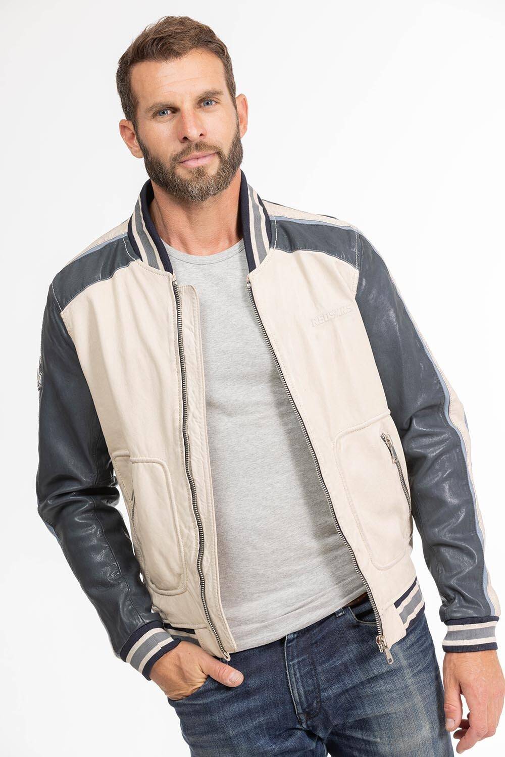 blouson cuir homme bombers fray beige navy (2)