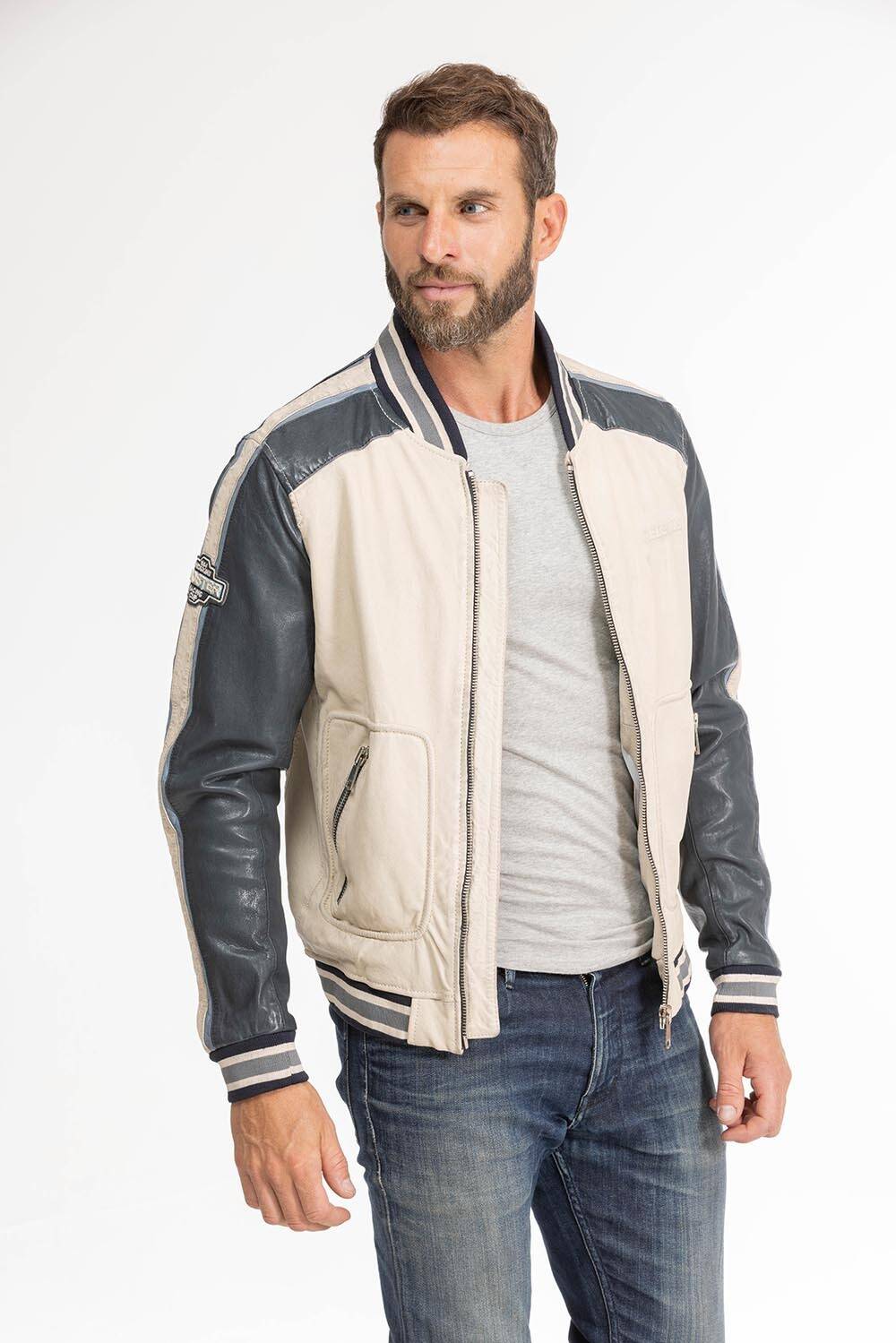 blouson cuir homme bombers fray beige navy (3)