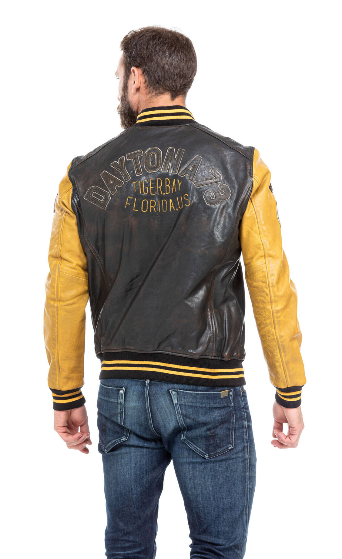 blouson cuir homme daytona teddy noir jaune 101489 (7)