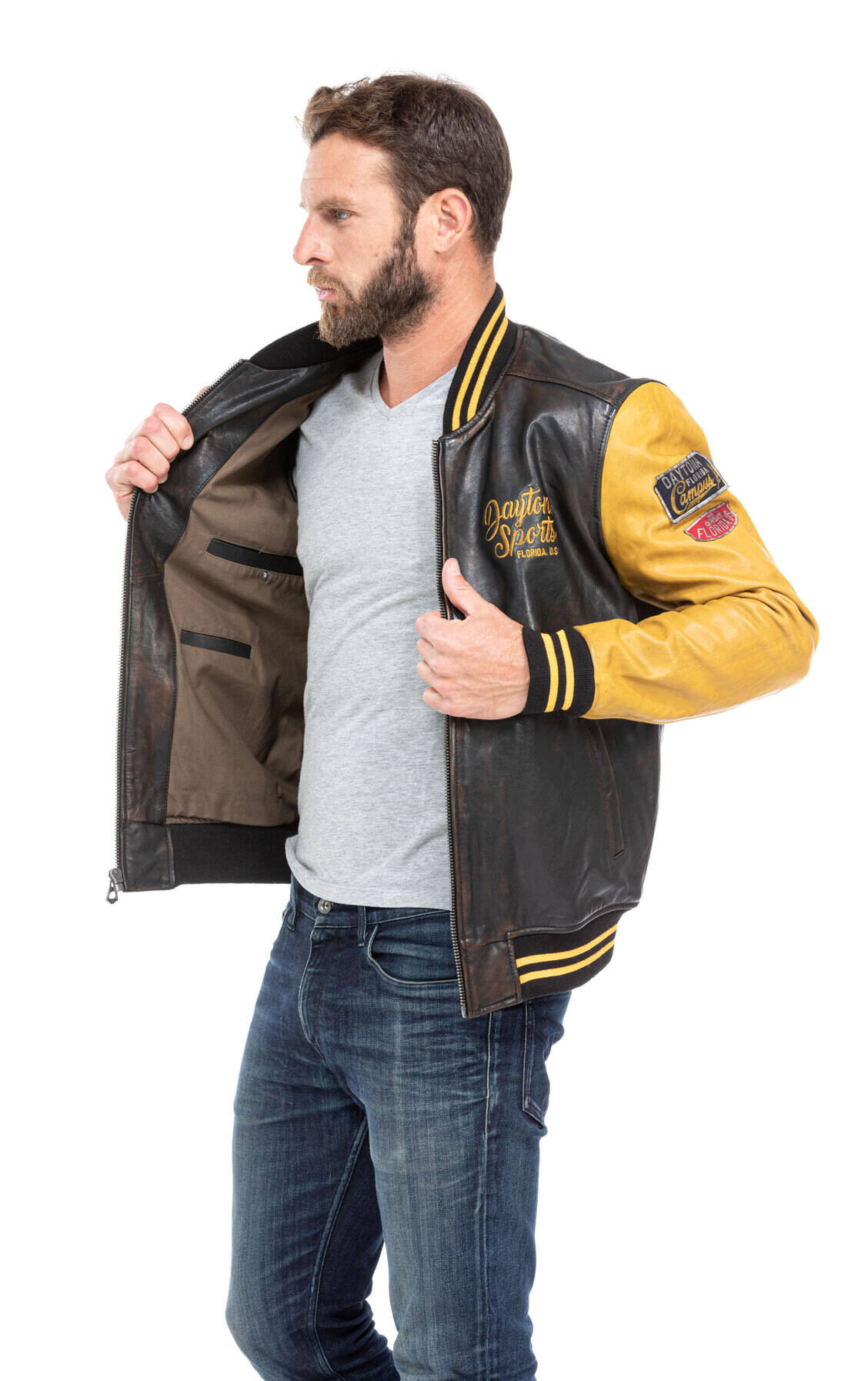 blouson cuir homme daytona teddy noir jaune 101489 (8)