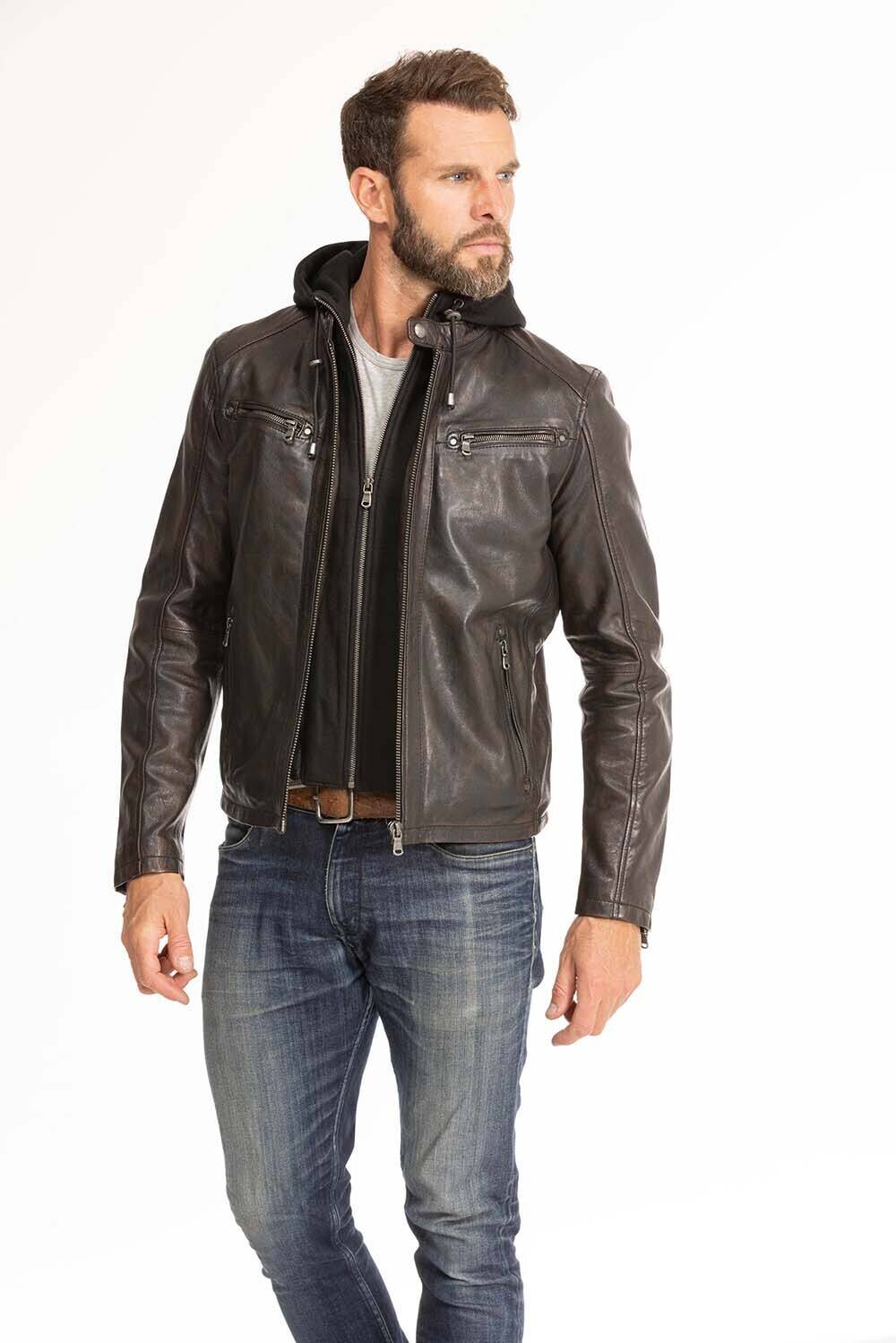 blouson cuir homme noir marron 102944 capuche  (14)