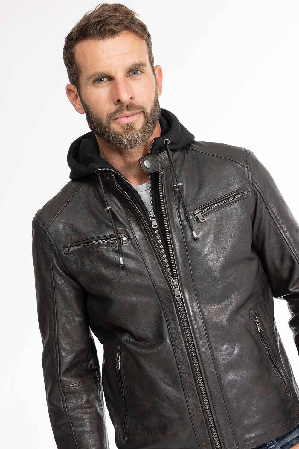 blouson cuir homme noir marron 102944 capuche  (16)