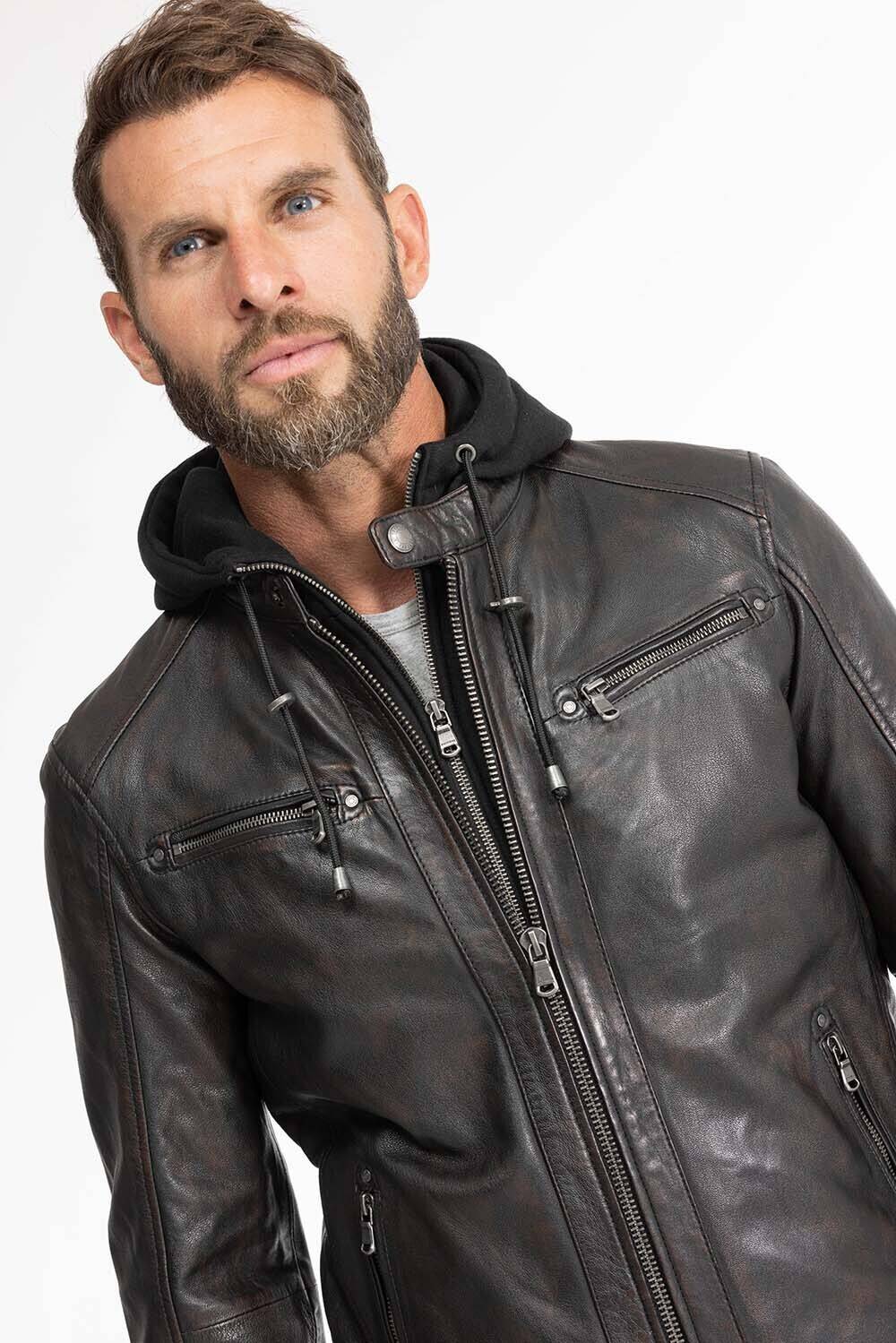 blouson cuir homme noir marron 102944 capuche  (17)