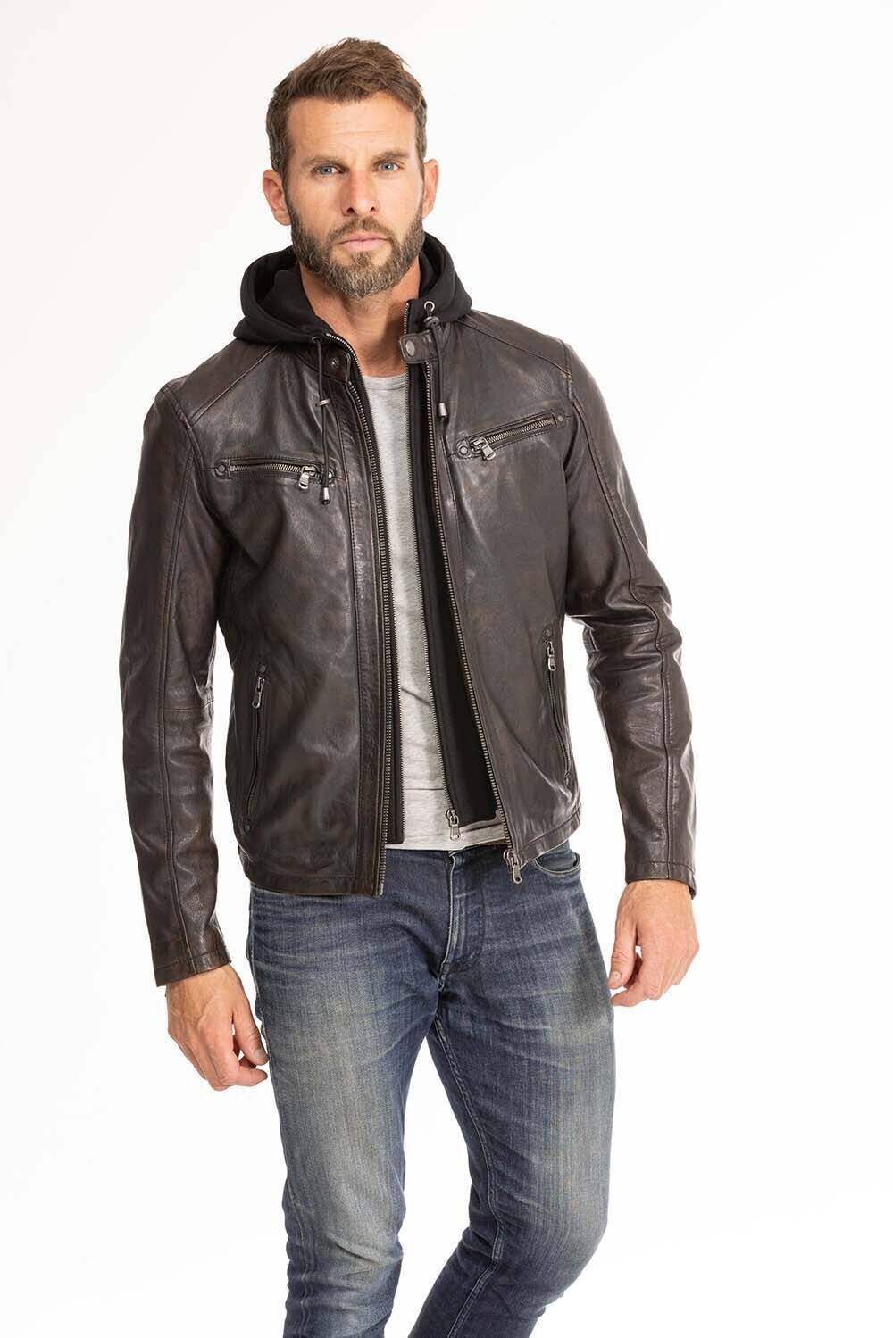 blouson cuir homme noir marron 102944 capuche  (6)