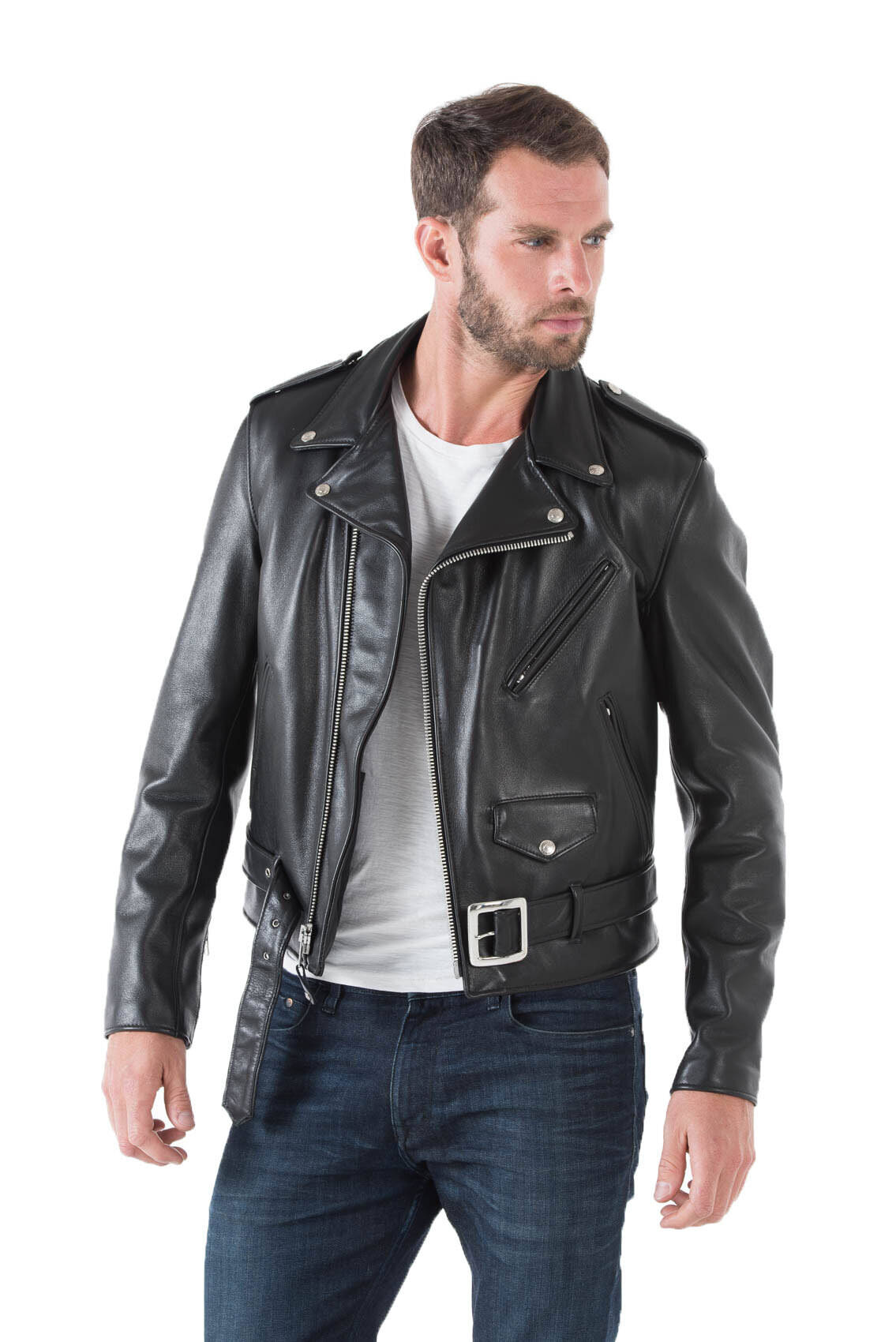 Blouson cuir homme noir schott 118 perfecto cuir à ceinture rigide vachette mythique face