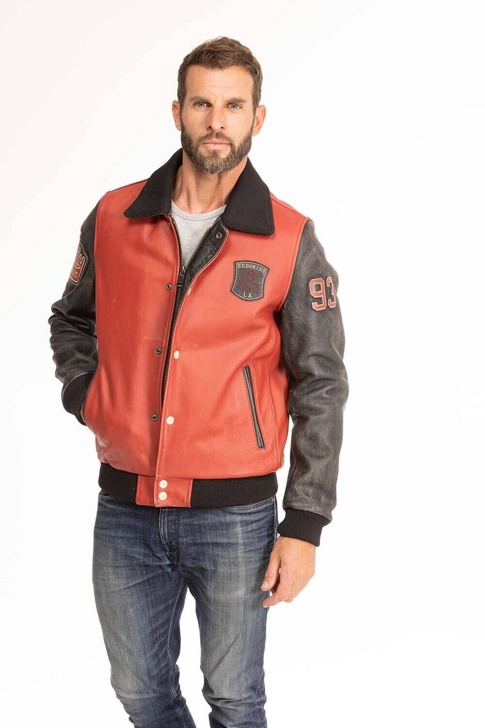 blouson cuir homme redskins noir rouge skateboard col noir (10)