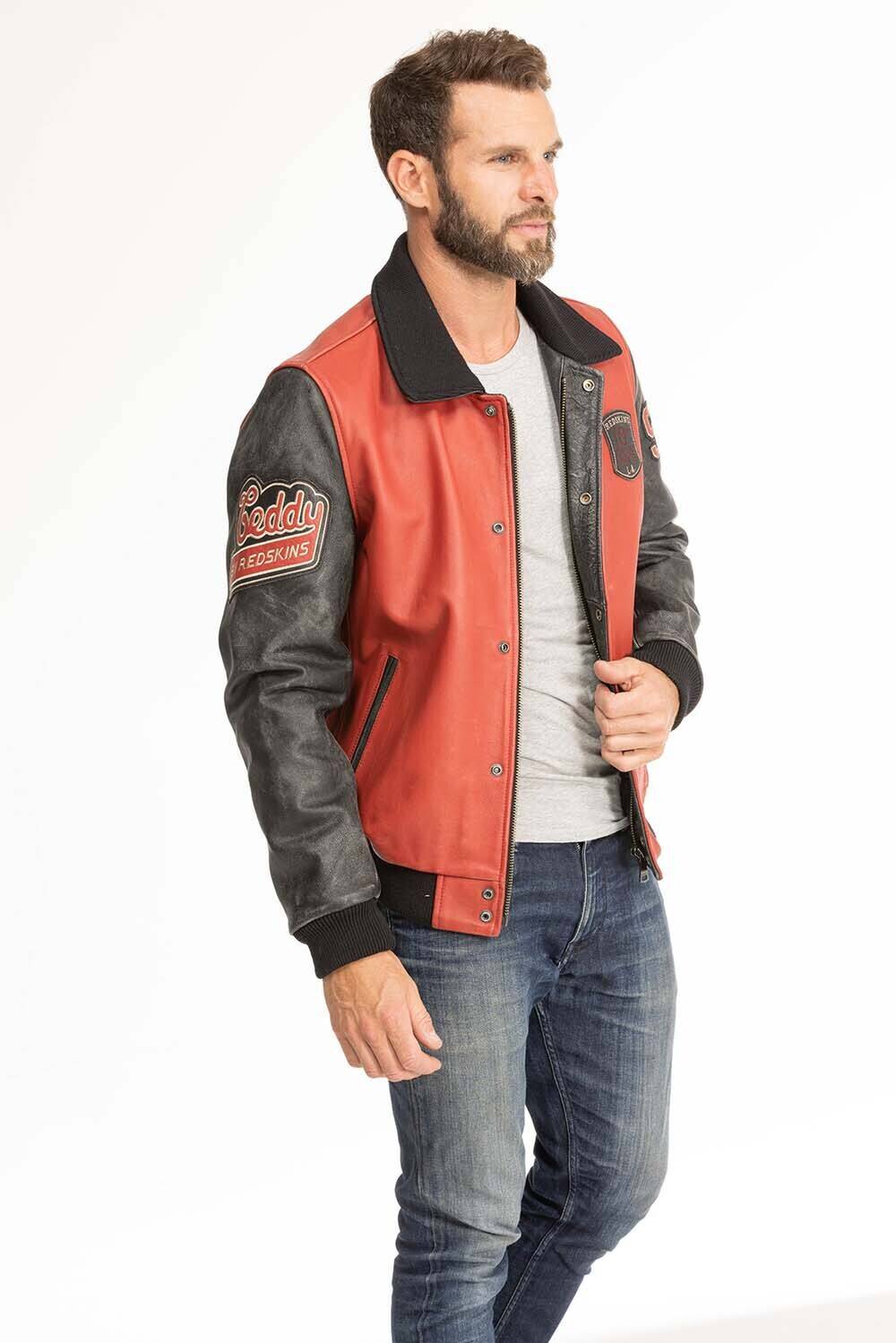 blouson cuir homme redskins noir rouge skateboard col noir (3)