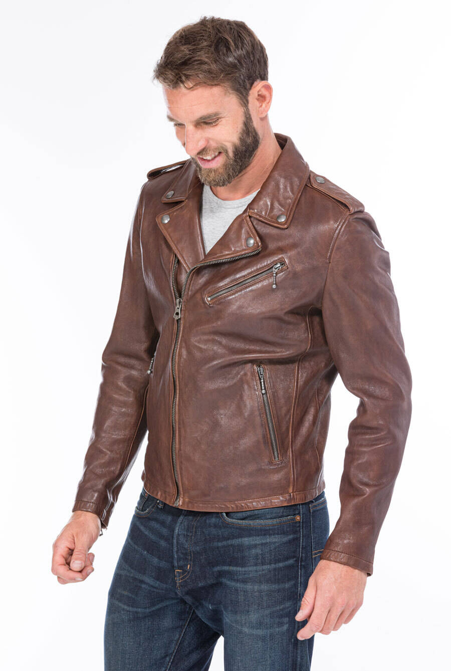 blouson cuir homme style biker perfecto 101485 cognac foncé  (4)