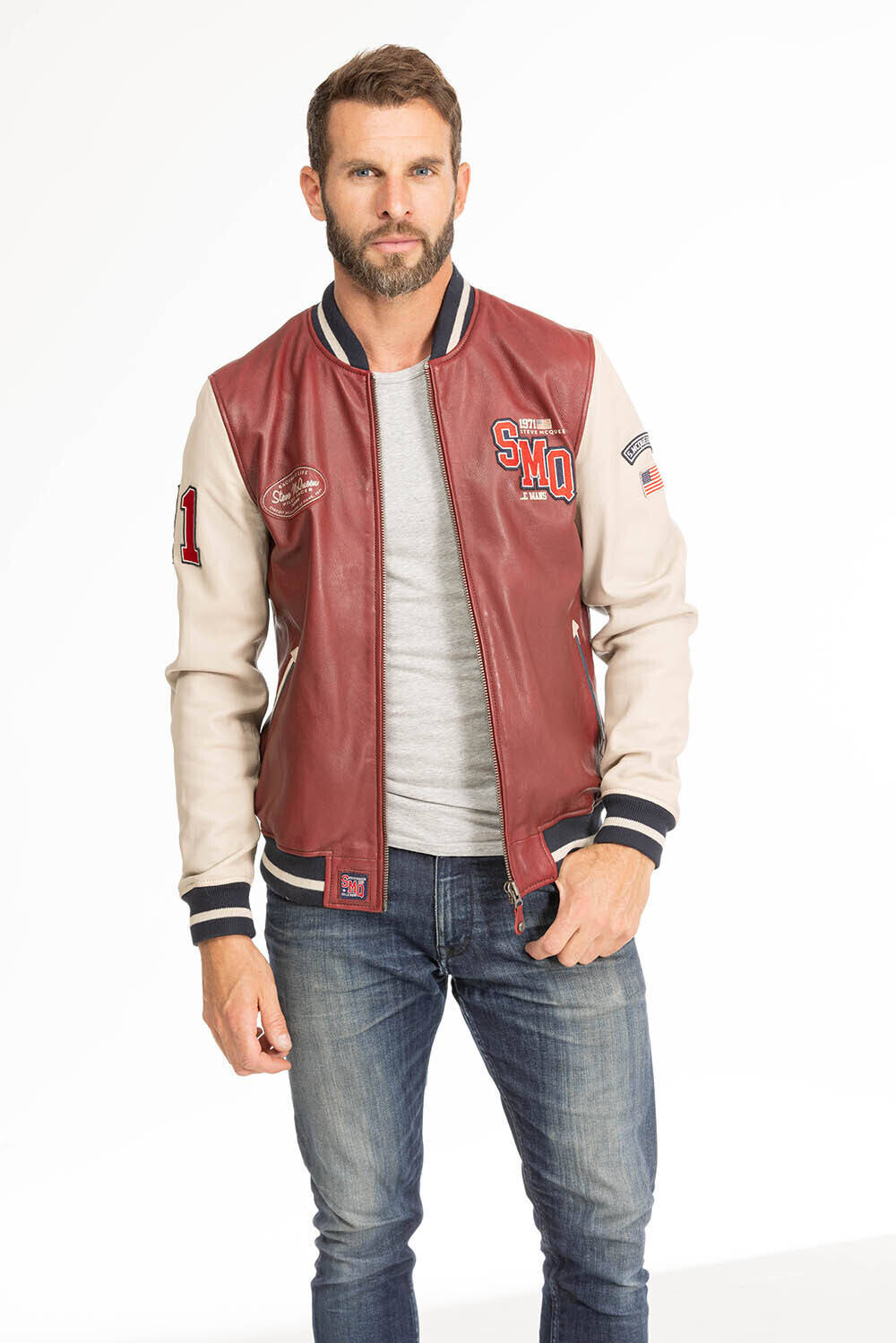 blouson cuir homme teddy rouge beige steeve mc queen cooler king (1)