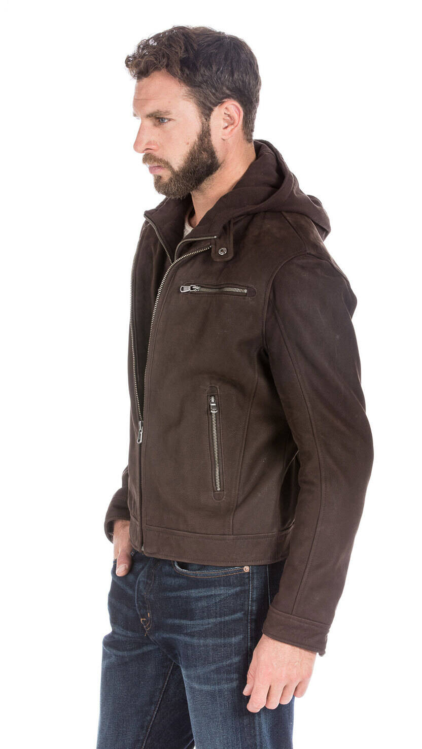 Blouson cuir homme timber marron foncé à capuche 100663-14120