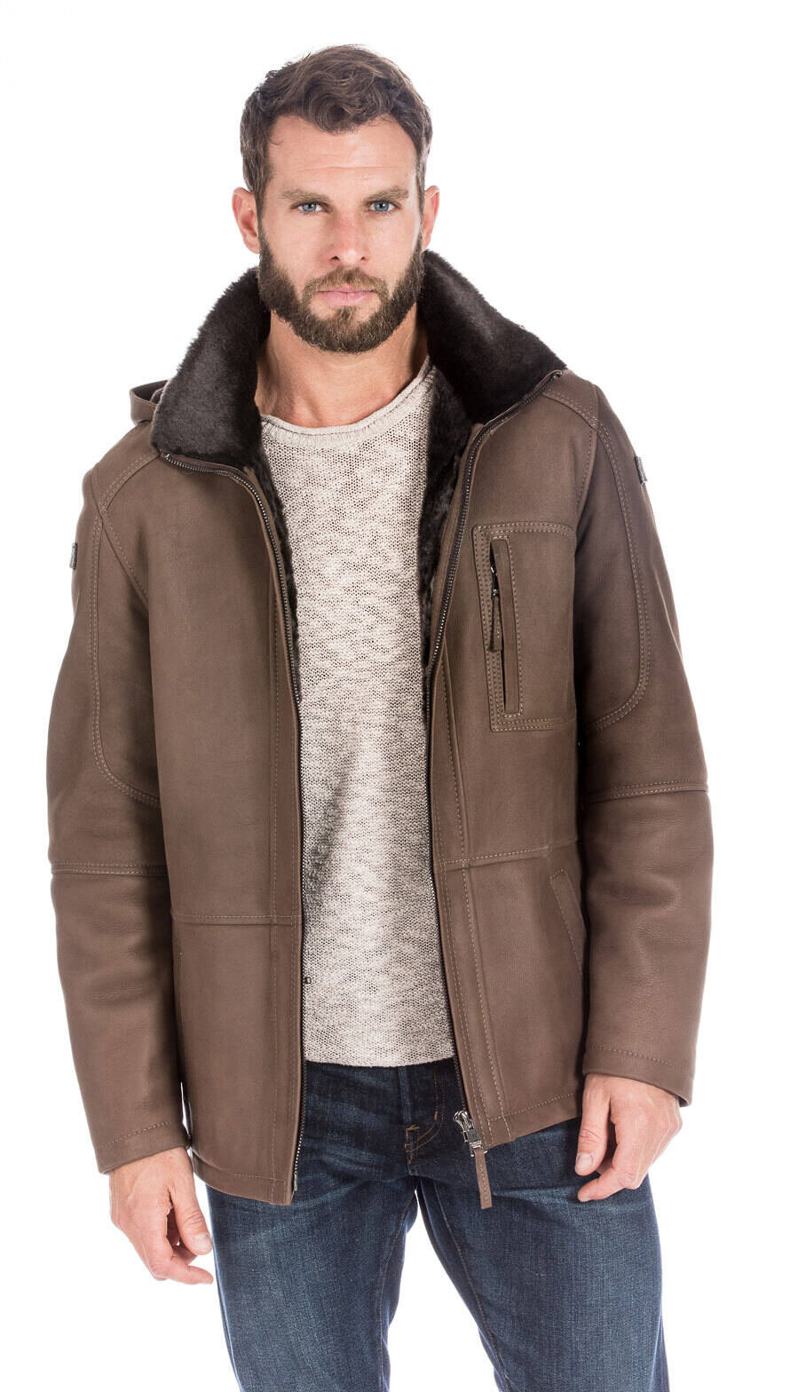 Manteau mouton homme hiver à capuche peaux retournées YAGO-ONIX3205-14340