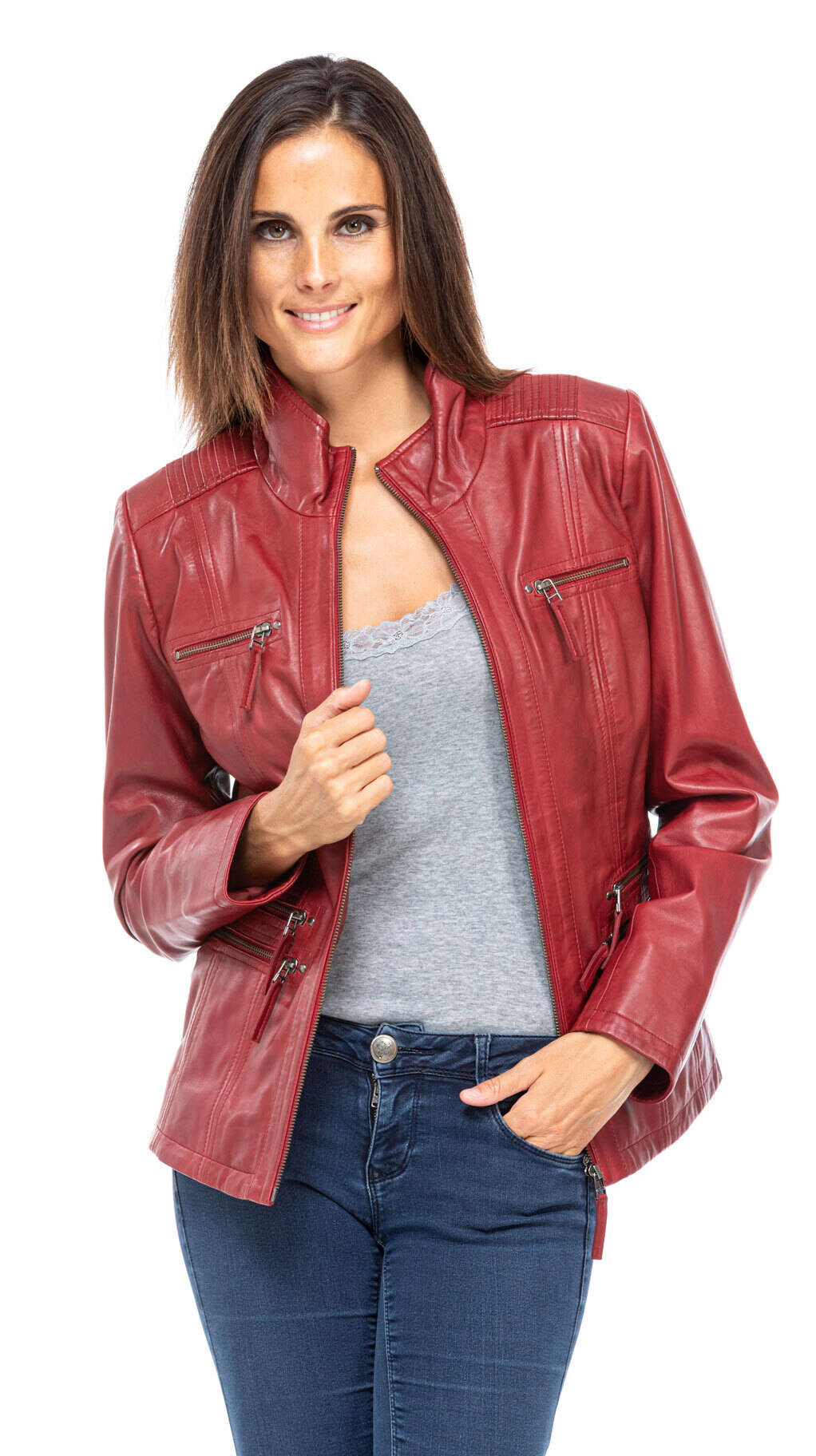 Veste cuir femme demi longueur teija rouge (5)